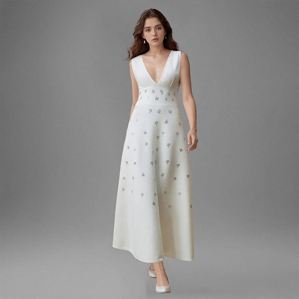 Prom Dress Elegant Crystal Sleeveless Bandage Wedding Dress For Women High waist A-line Maxi Summer Evening Party Dresses Robe