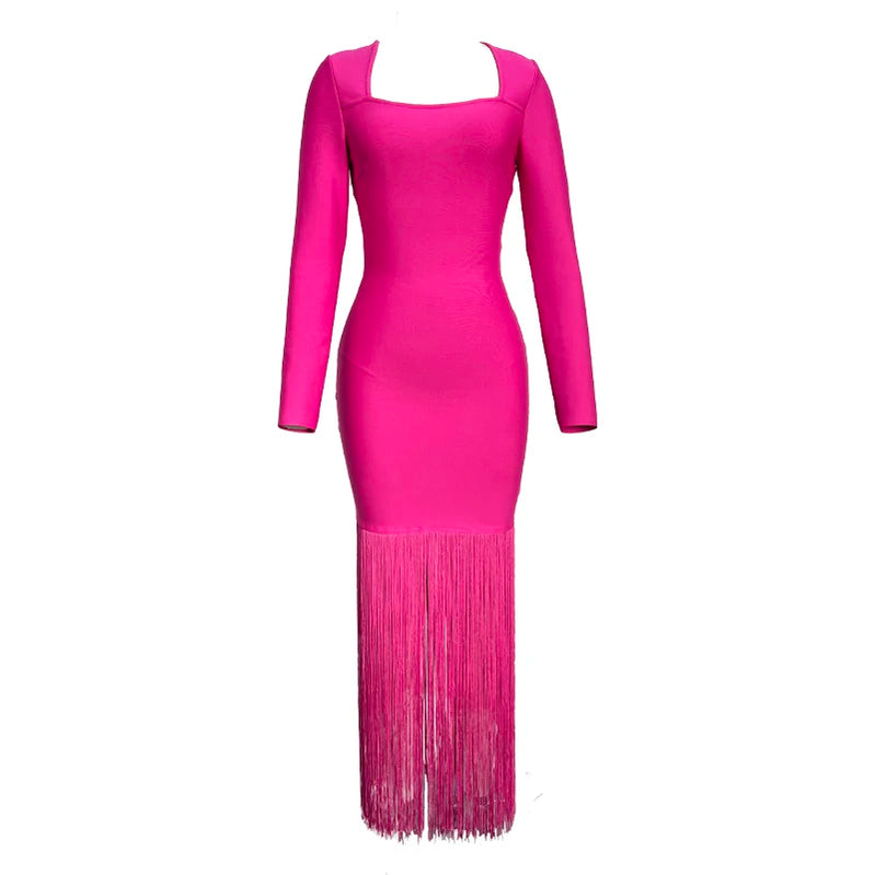 Vestido longo feminino preto rosa com manga comprida, gola quadrada, borlas, justo, bandagem, boate, festa, comemoração