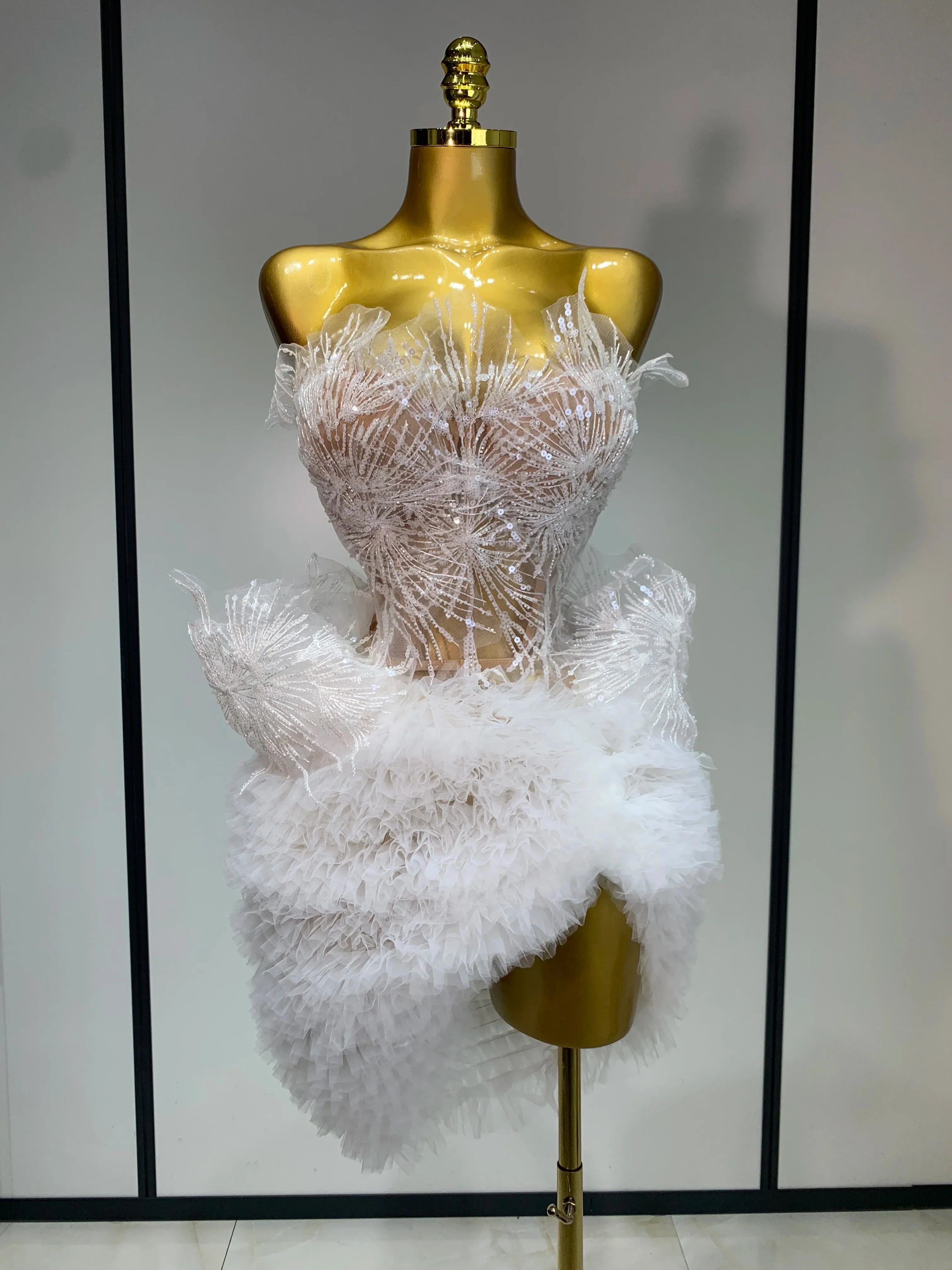 Sexy Strapless Tops Mesh Mini Skirt Two Piece Set Women Evening Party Nightclub Singer Stage Costume Luxury Birthday Gown