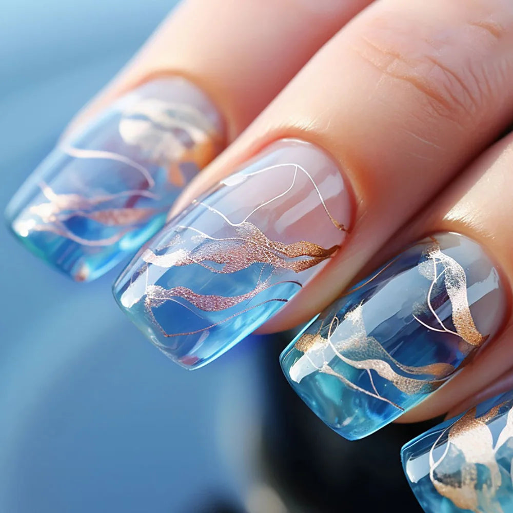 24pcs/set short sqaure almond fake nails geometric aurora gradient heart glitter designs faux ongles press on acrylic false nail