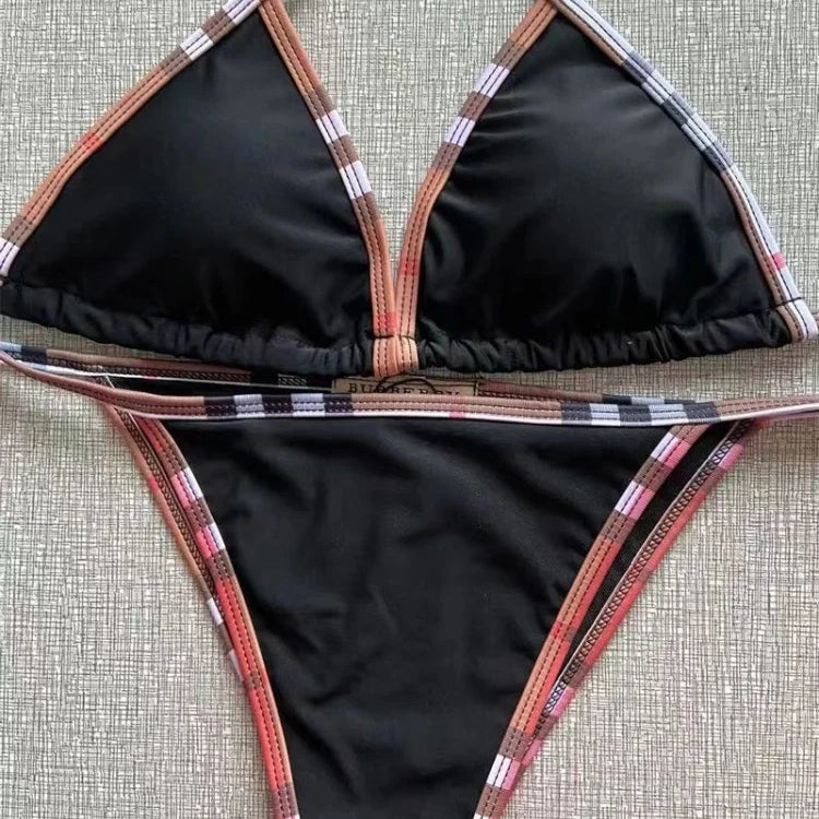 Women's Sexy Solid Color Bikini Adjustable Lace-Up Swimsuit Summer Brazilian Beach Swimsuit Triangle Halterneck Bikini Set 2Photo color