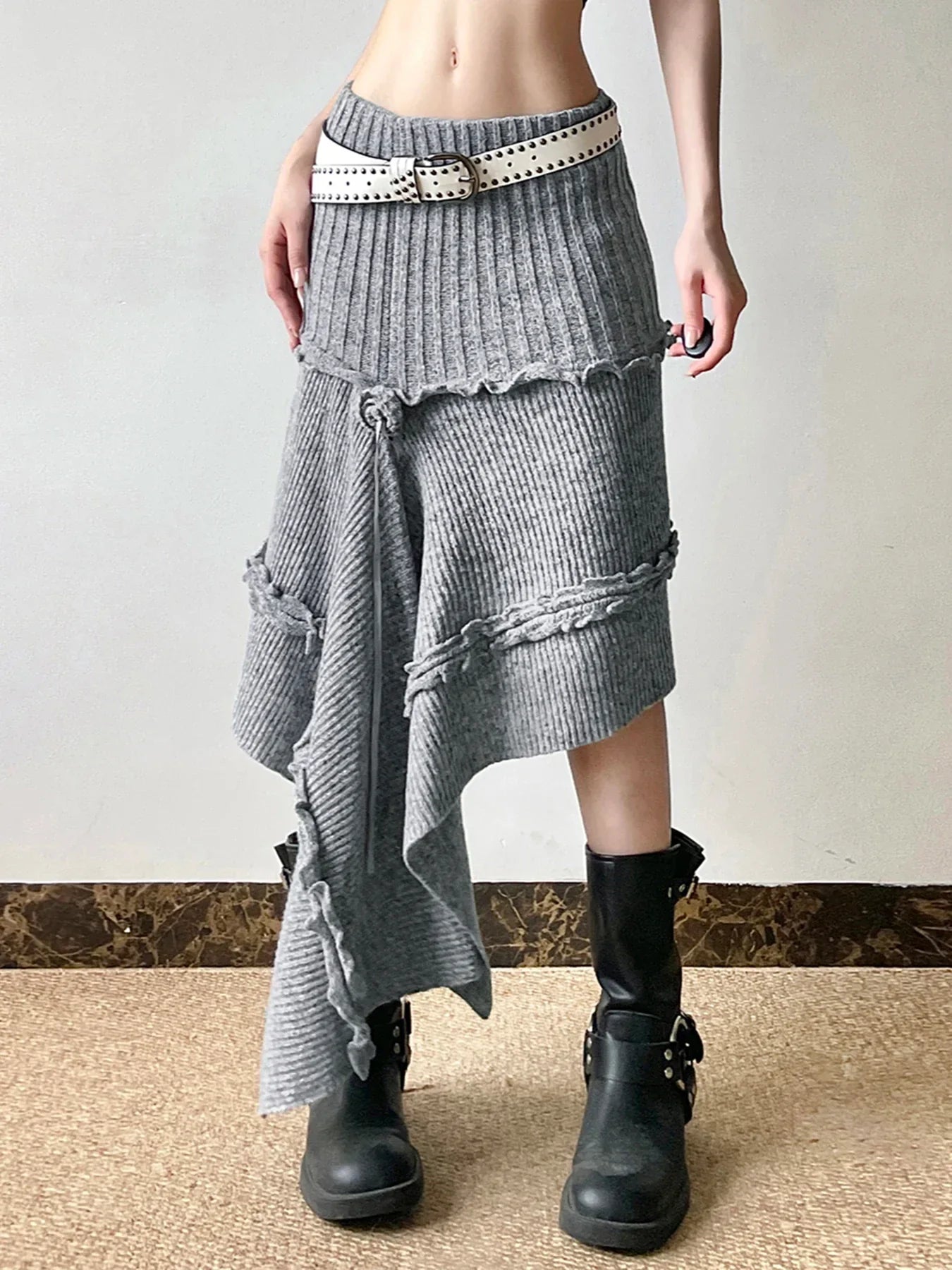 IAMSURE Grunge Style Casual Asymmetrical A-Line Skirt Solid Low-Waisted Knitted Midi Skirts Women Autumn Winter Fashion
