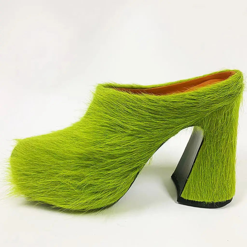 Fur Leather High Heels Women 2024 Designer Elegant Platform Women Mules Slipper Shoes For Wedding Party Dress Shoes Light Green