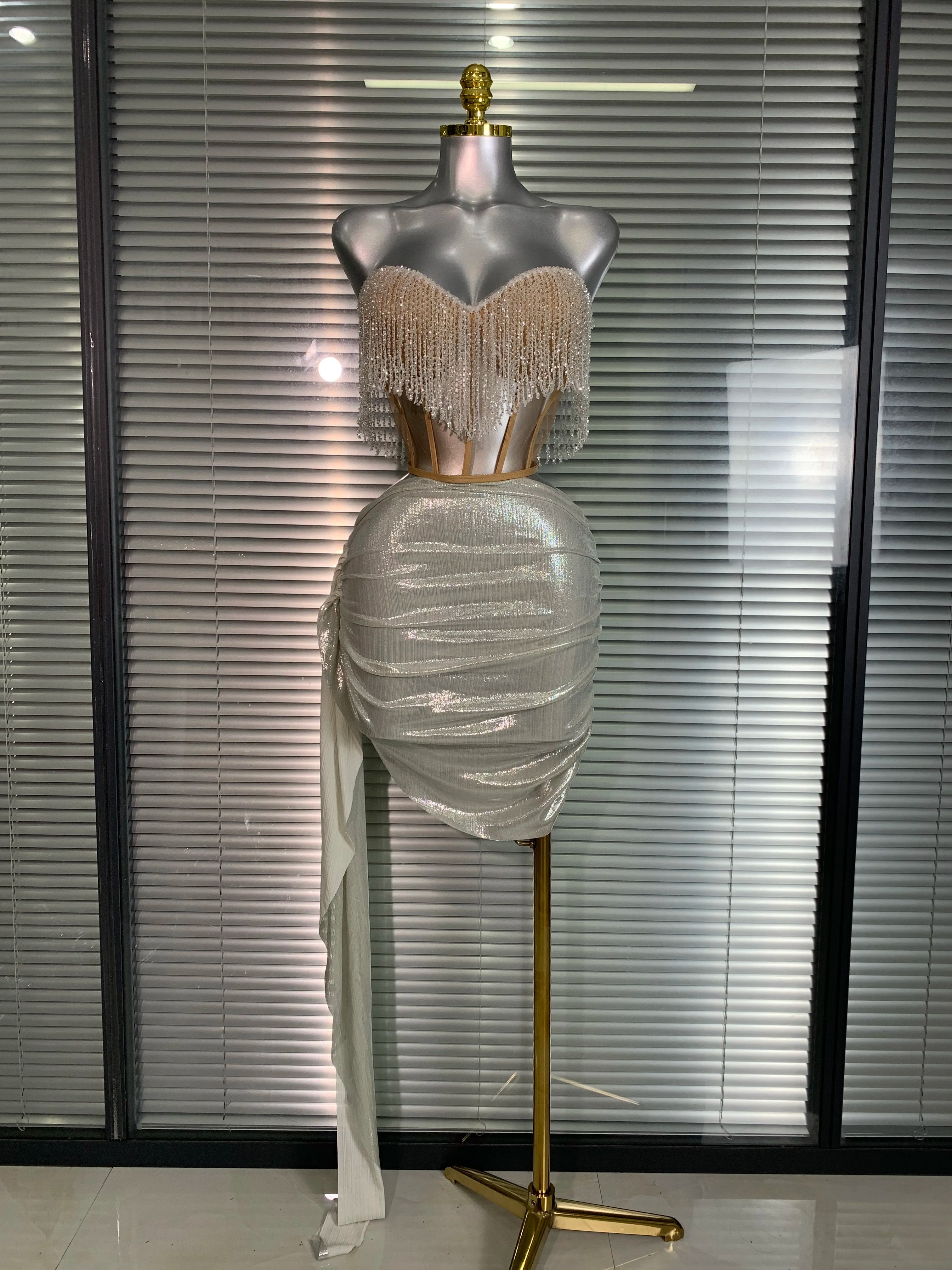 New Women Sexy Tassel Two Pieces Set Sparkly Night Club Skirt Suits Singer Dancer Stage Performance Costume