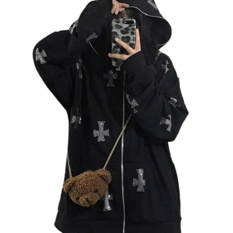 Women Full Zip Hoodies Long Sleeve Rhinestone Cross Pattern Loose Sweatshirts