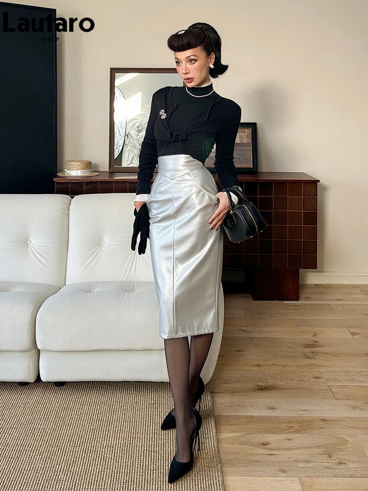 Lautaro Spring Summer Silver Pu Leather Midi Pencil Skirt Women with Back Slit High Waist Luxury Designer Clothes Fashion