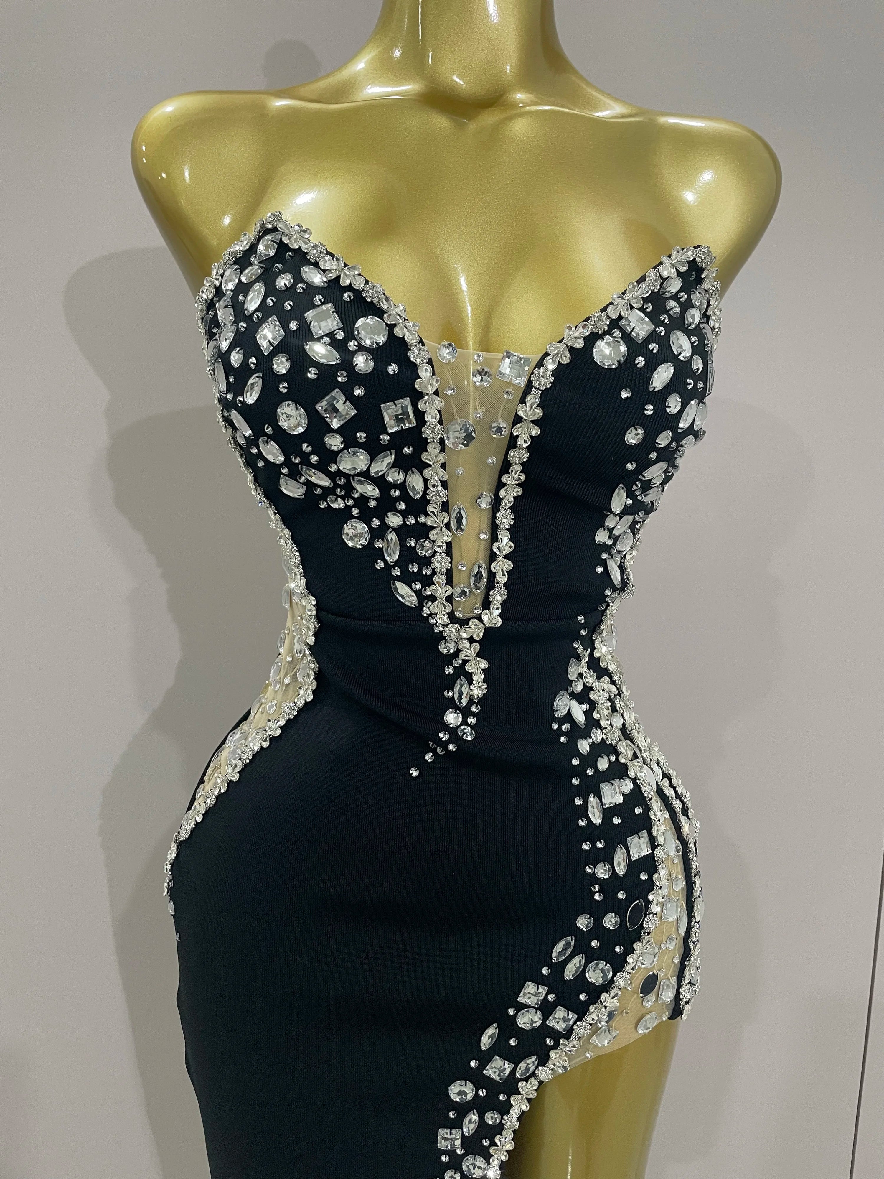 Newest High Quality Sexy Strapless Shinning Rhinestones Bodycon Bandage Long Dress Women Fashion Celebrate Evening Party Vestido