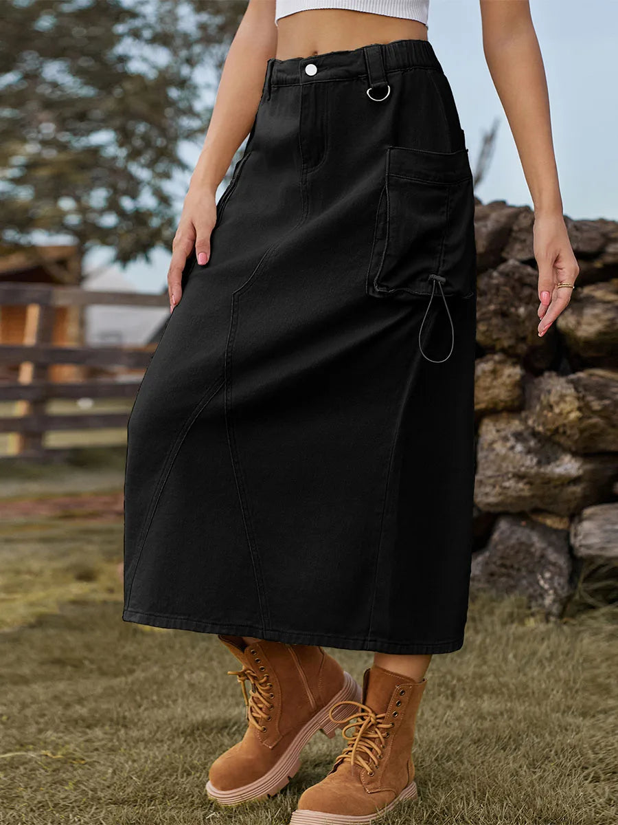 Edhomenn Women s Midi Cargo Skirt Solid Color Drawstring Denim Skirt with Pockets Y2k Long Skirt Streetwear