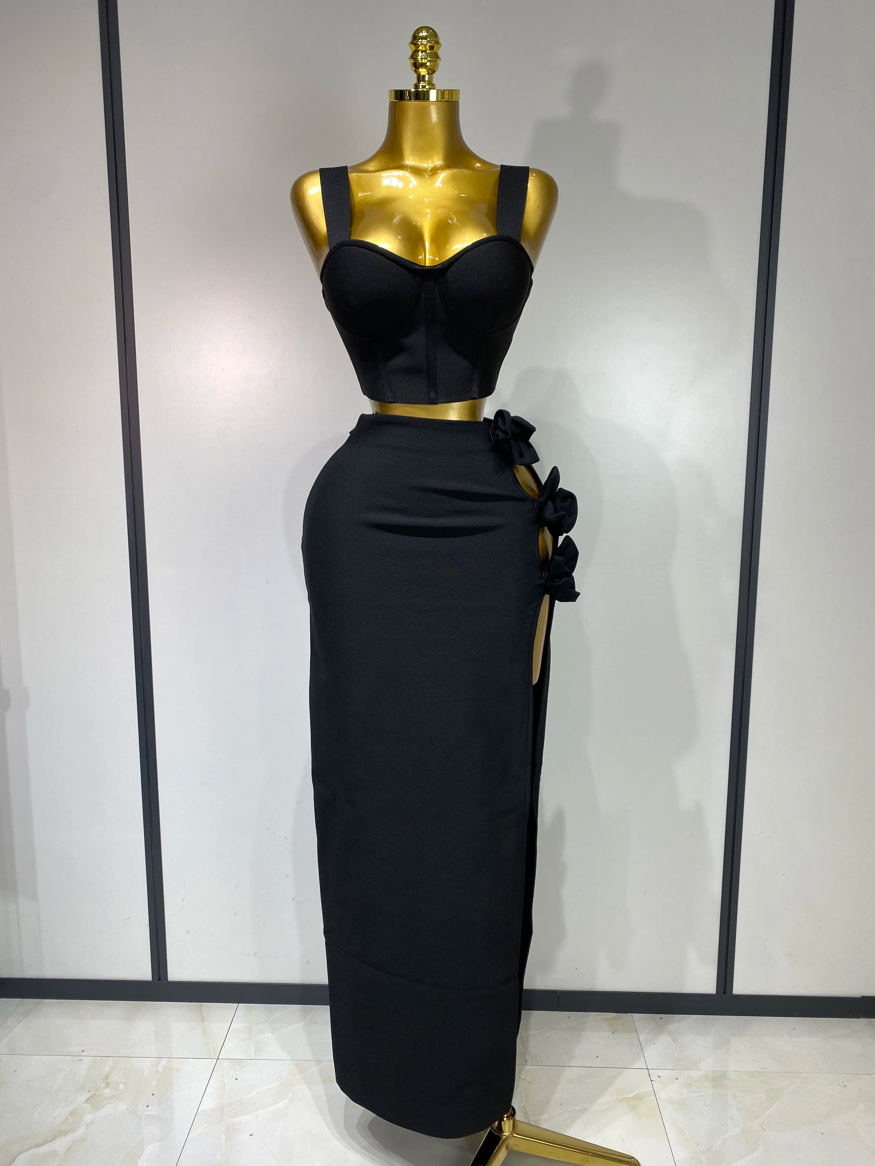 Women Red Top Flower Skirt Two Piece Set Evening Party Nightclub Elegant Host Tight Sexy Club Bodycon Bandage Long Skirt