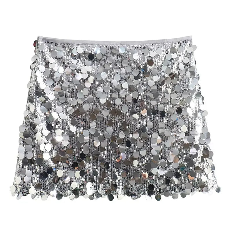 TRAFZA Women New Fashion Y2K Shiny Sequin Skirt Female Elegant High Waist Mini Skirts Casual Woman Sexy Chic Party Skirts silver