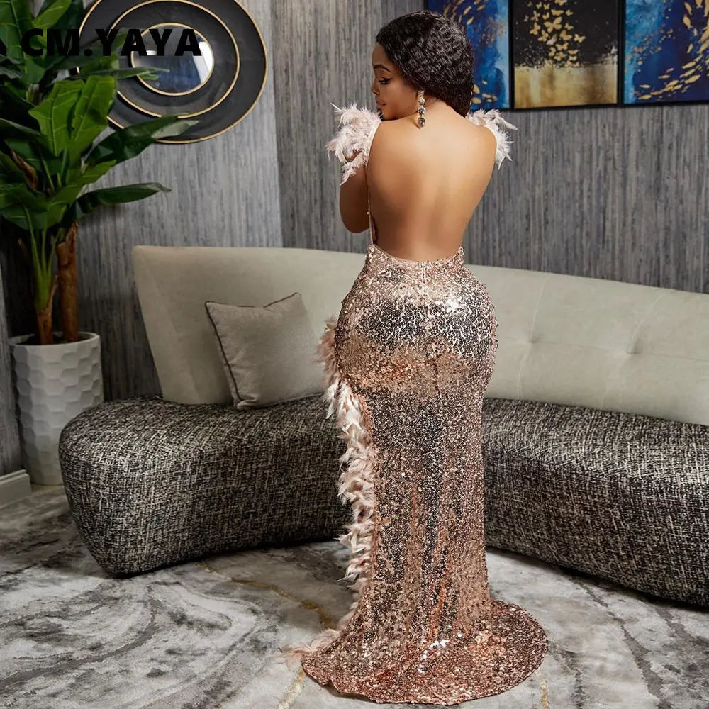 CM.YAYA Women Sequined Spaghetti Strap Feather Hem High Side Slit Mermaid Trumpet Bodycon Midi Evening Sexy Party Maxi Dresses