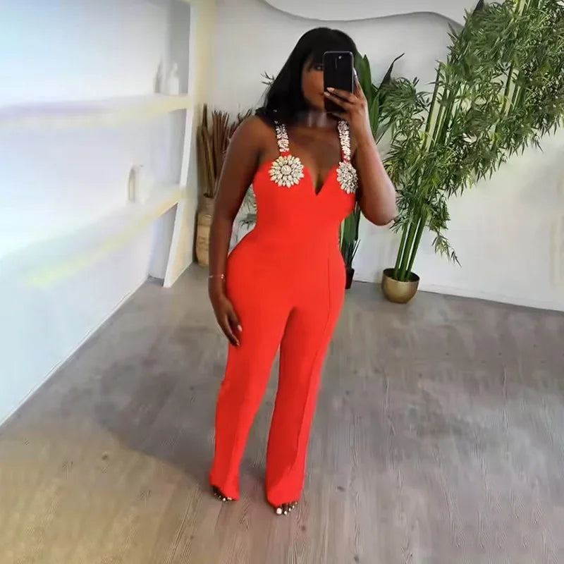 High Quality Shining Diamonds Sexy V-Neck Sleeveless Jumpsuit Graceful Woman Evening Party Outfit