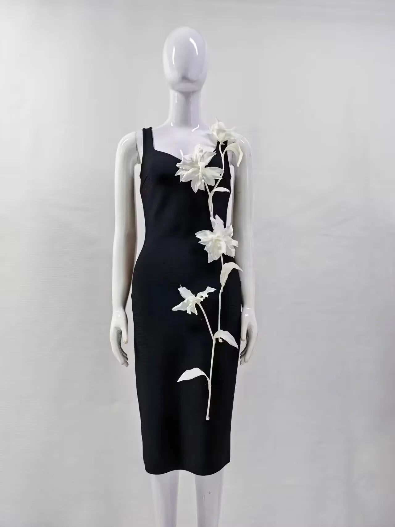 Women Sleeveless Sexy O-Neck Flowers Bodycon Mid-calf Bandage Dress Birthday Party Celebrate Cocktail Dress