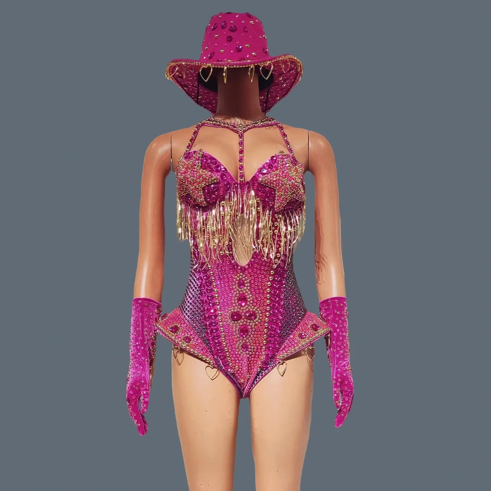 Women Sparkly Rhinestone Bodysuit 4Pieces Set Night Party Cowboy Show Outfit Cabaret Carnival Showgirl Sexy Jumpsuit Hongding