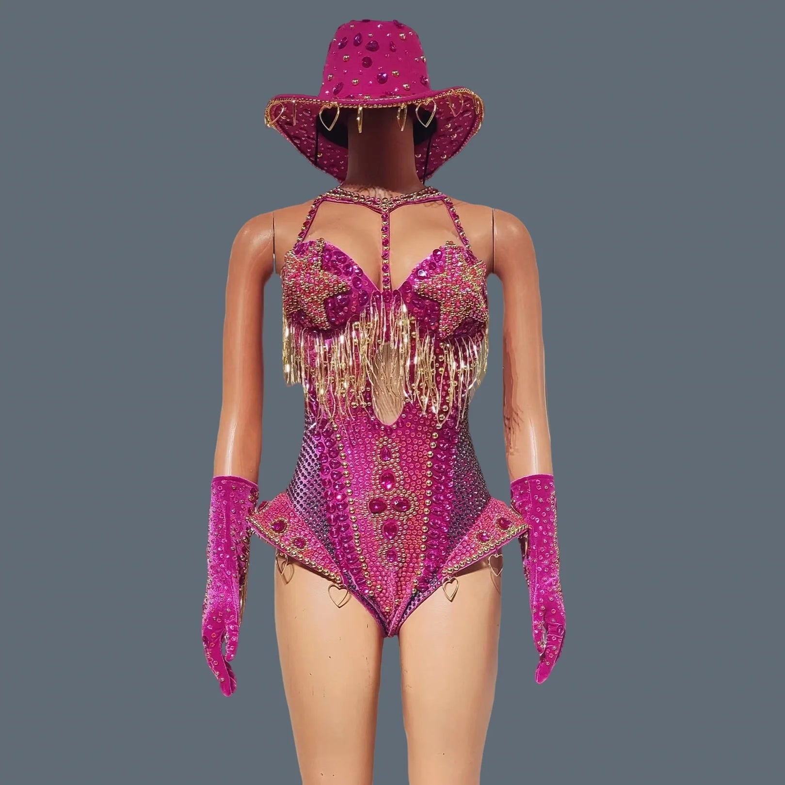 Luxury Women Crystals Tassel Bodysuit Set Cowboy Night Party Jumpsuit Stage Show Outfit Festival Celebrate Sexy Wear Hongding