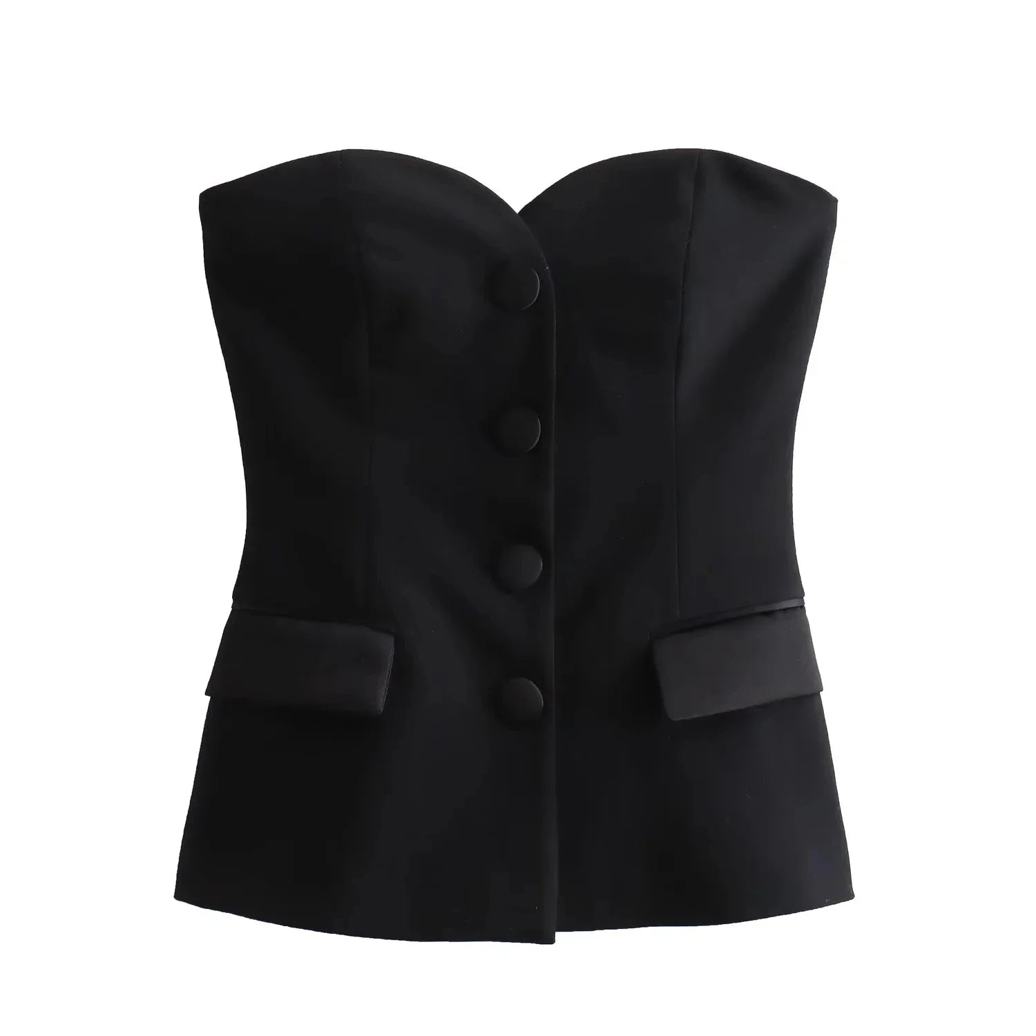 Nlzgmsj TRAF Black Crop Top Women Sexy Spliced Corset Top Female Heart Collar Backless Tops for Women Strapless Tube Tops Woman black