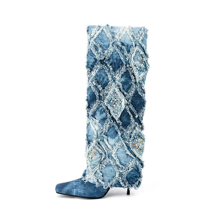 Winter High Heels Tassel Pants Boots for Women Sexy Pointed Toe Denim Knee High Boots Big Size Shoes 42 43 45 Blue N45