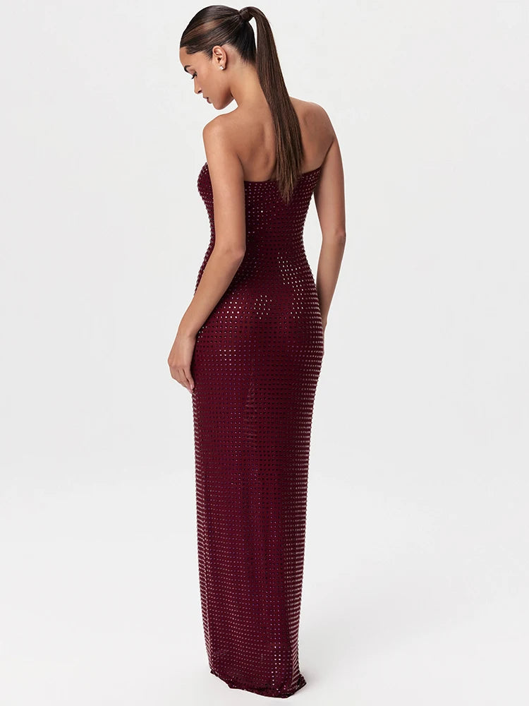 VC Redwine Beaded Strapless Long Maxi Dress For Women Elegant Sleeveless Backless Sparkle Crystals Bodycon Cocktail Evening Gown