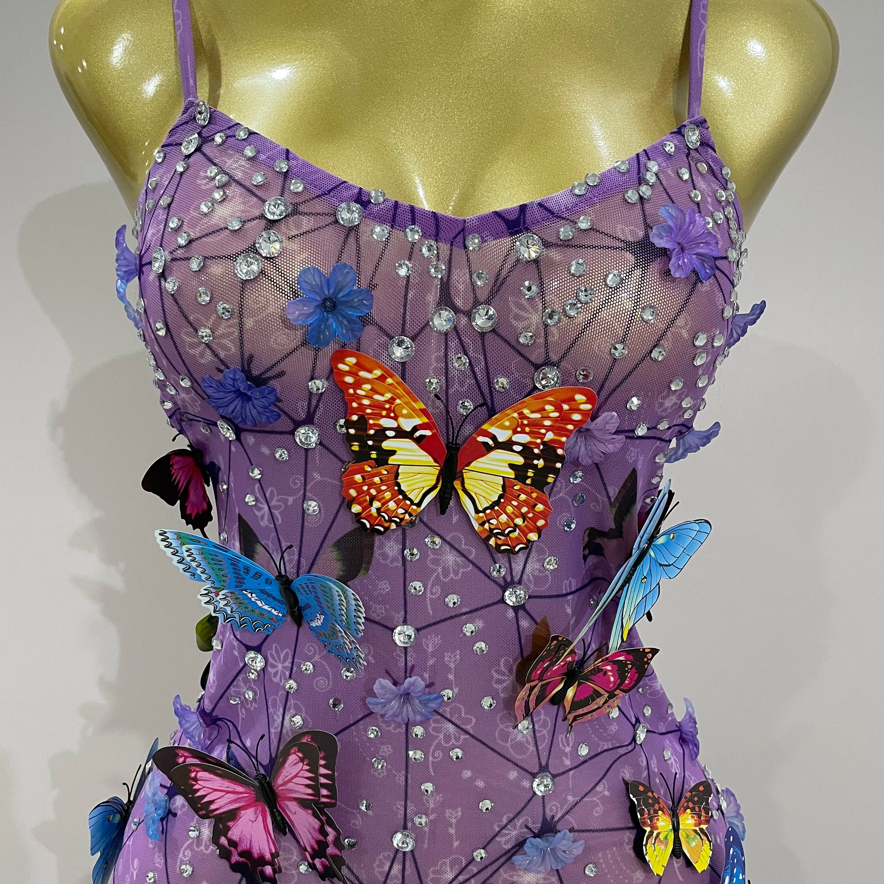 Women Celebrity Luxury Birthday Nightclub Stage Outfit 2025 New Arrival Sparkly Butterfly Purple Sexy Mesh See Through Dress