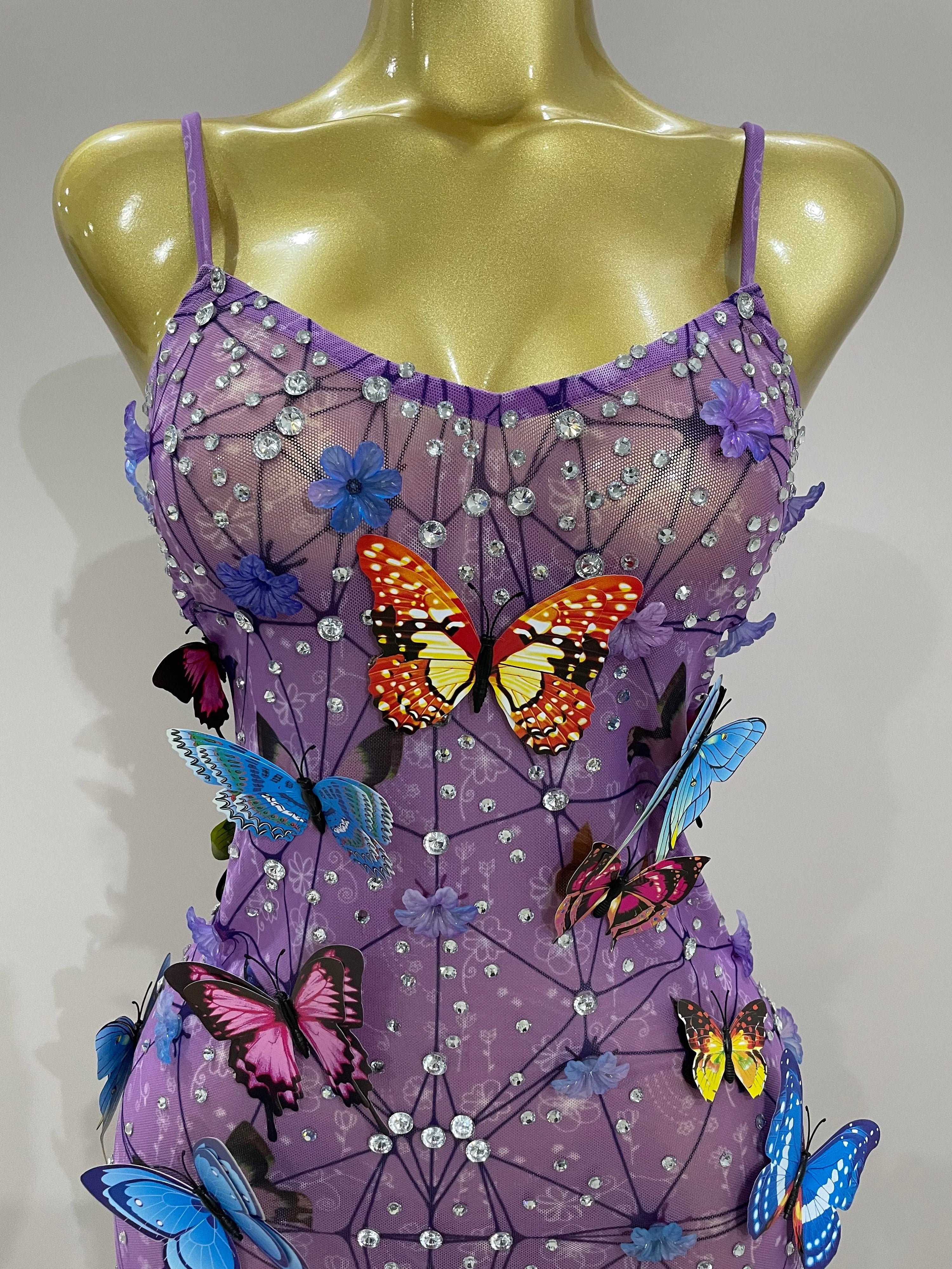 Women Celebrity Luxury Birthday Nightclub Stage Outfit 2025 New Arrival Sparkly Butterfly Purple Sexy Mesh See Through Dress