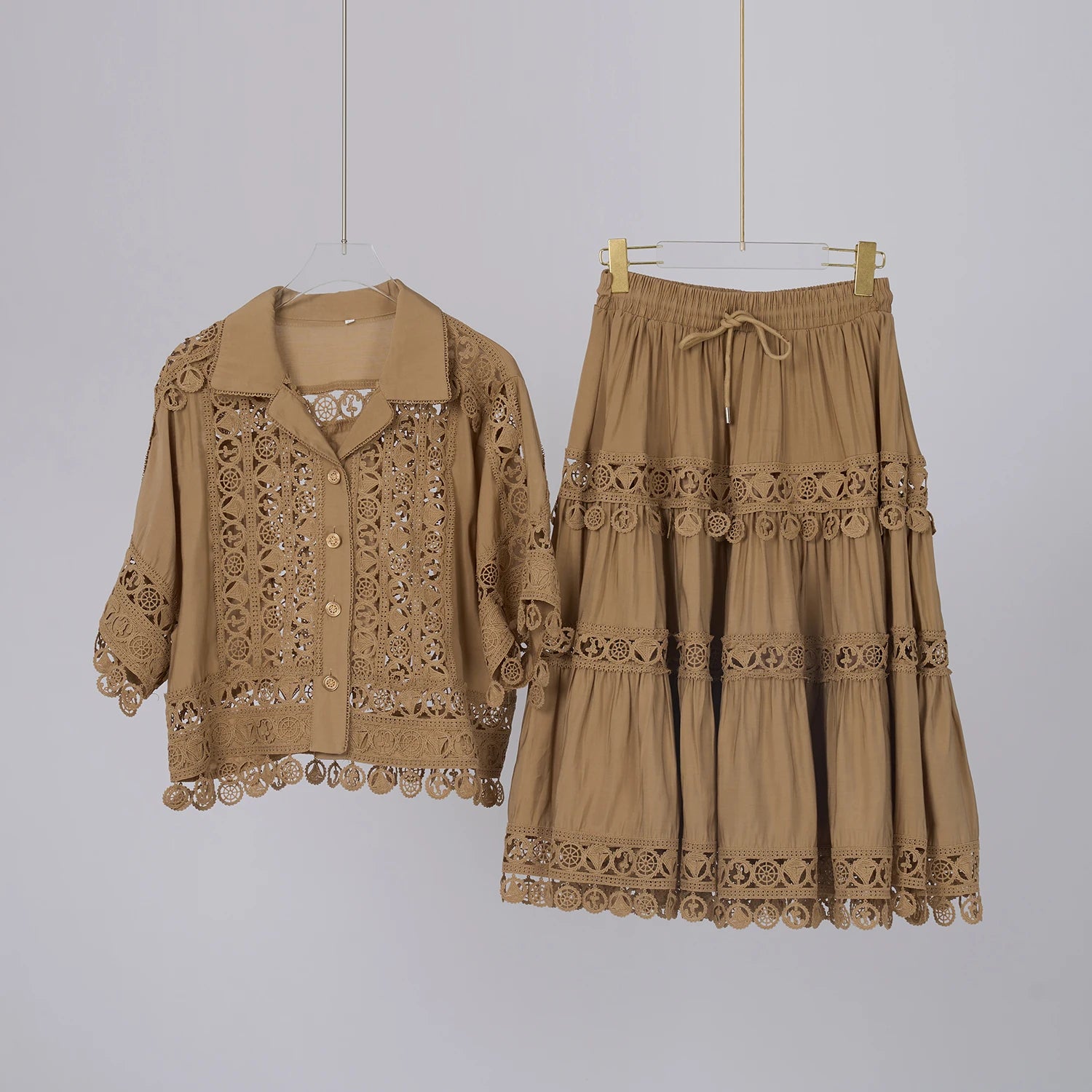 Embroidery 2 Pieces Set Women Hollow Out Loose Shirt Tops + Elastic Waist Midi Skirts Suit Summer Vacation Lace Ladies Outfit