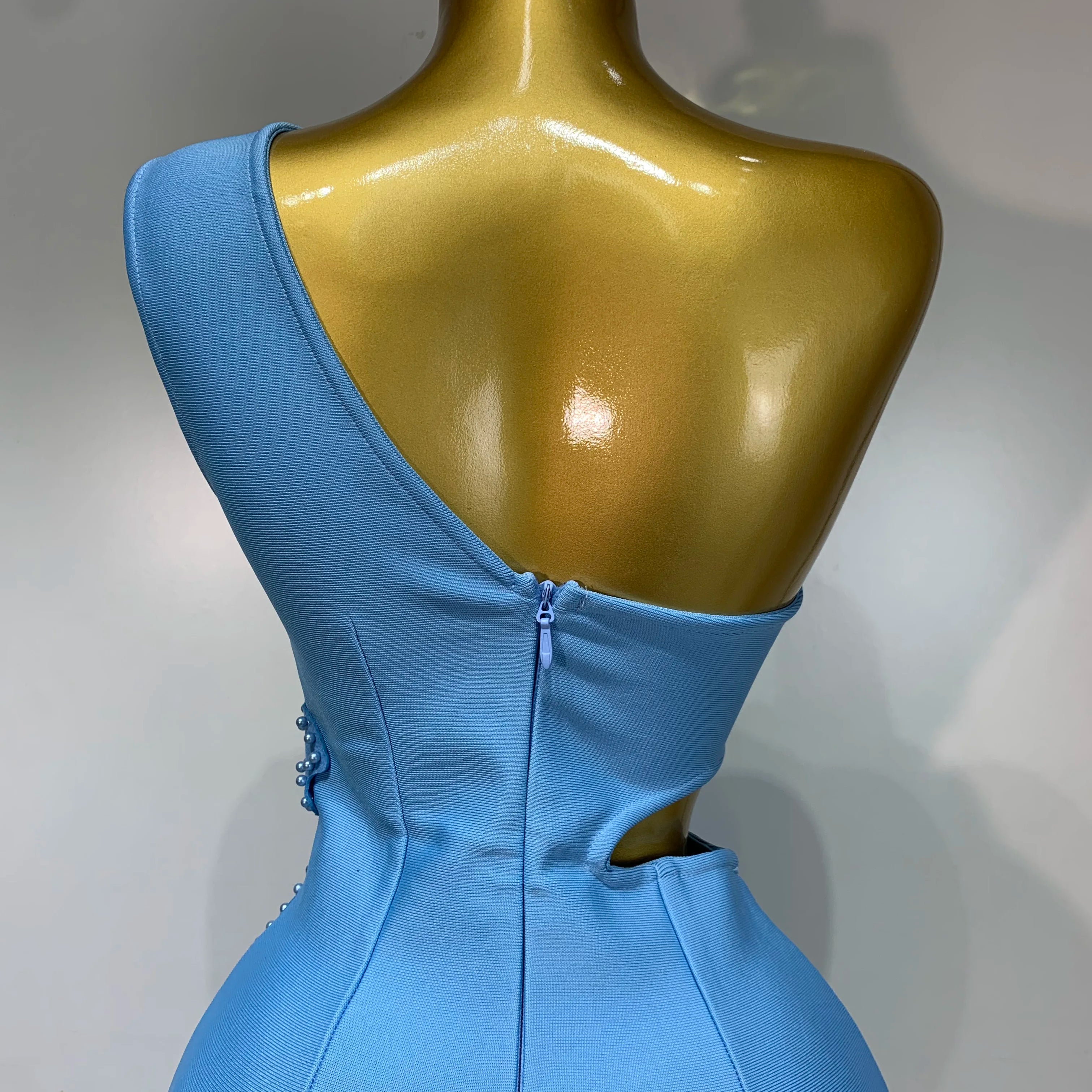 Vestido bandagem sexy e luxuoso de aniversário, um ombro, pérola, azul-celeste, bodycon, celebridade, elegante, festa noturna, traje para clube, 2025