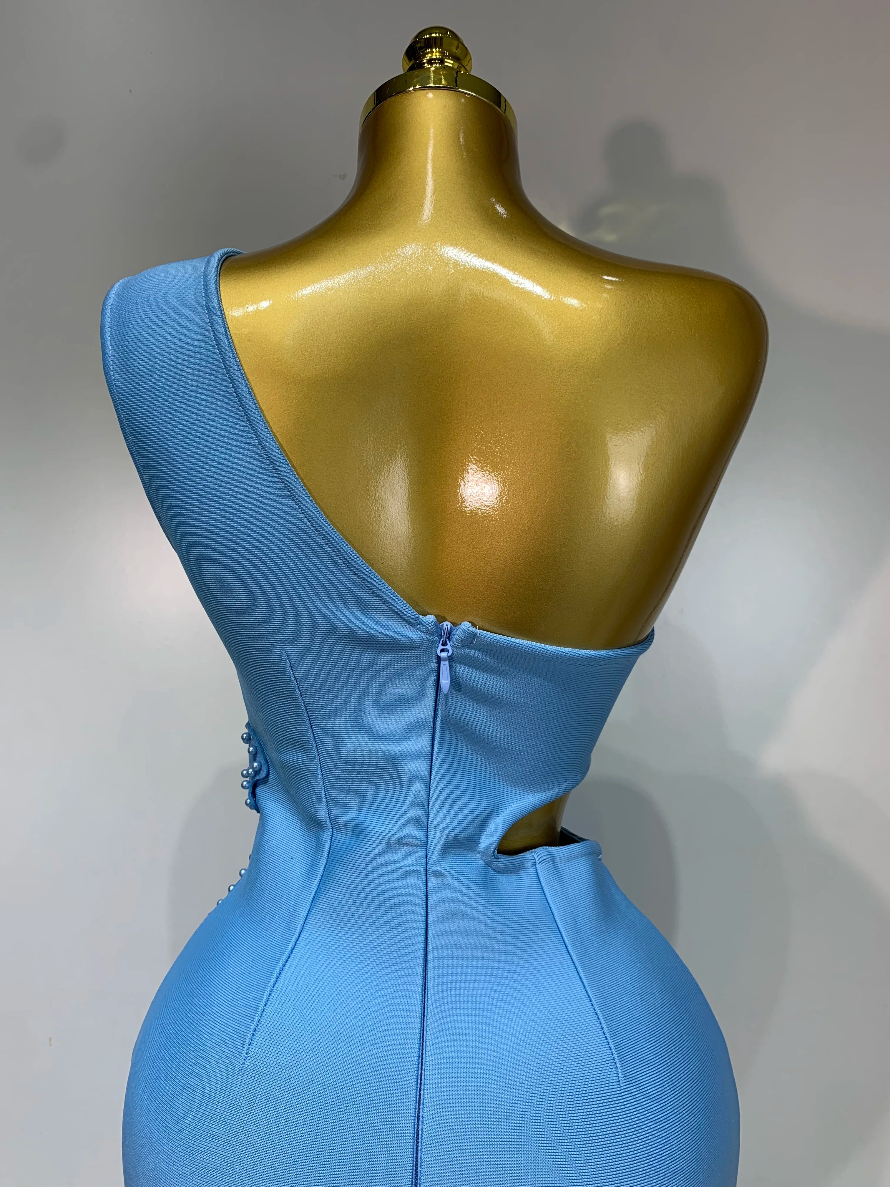 Vestido bandagem sexy e luxuoso de aniversário, um ombro, pérola, azul-celeste, bodycon, celebridade, elegante, festa noturna, traje para clube, 2025