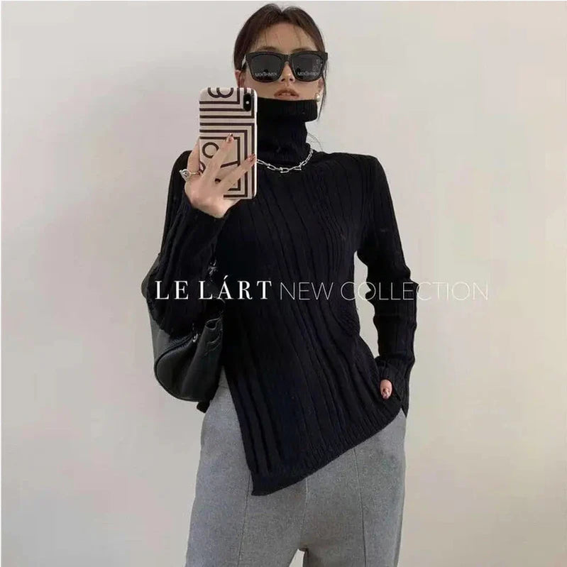 Turtleneck Women Sweater 2021 Autumn Winter New Side Slit Pullover Tops Korean Fashion Knit Sweaters Long Flare Sleeve Basic Black Turtleneck