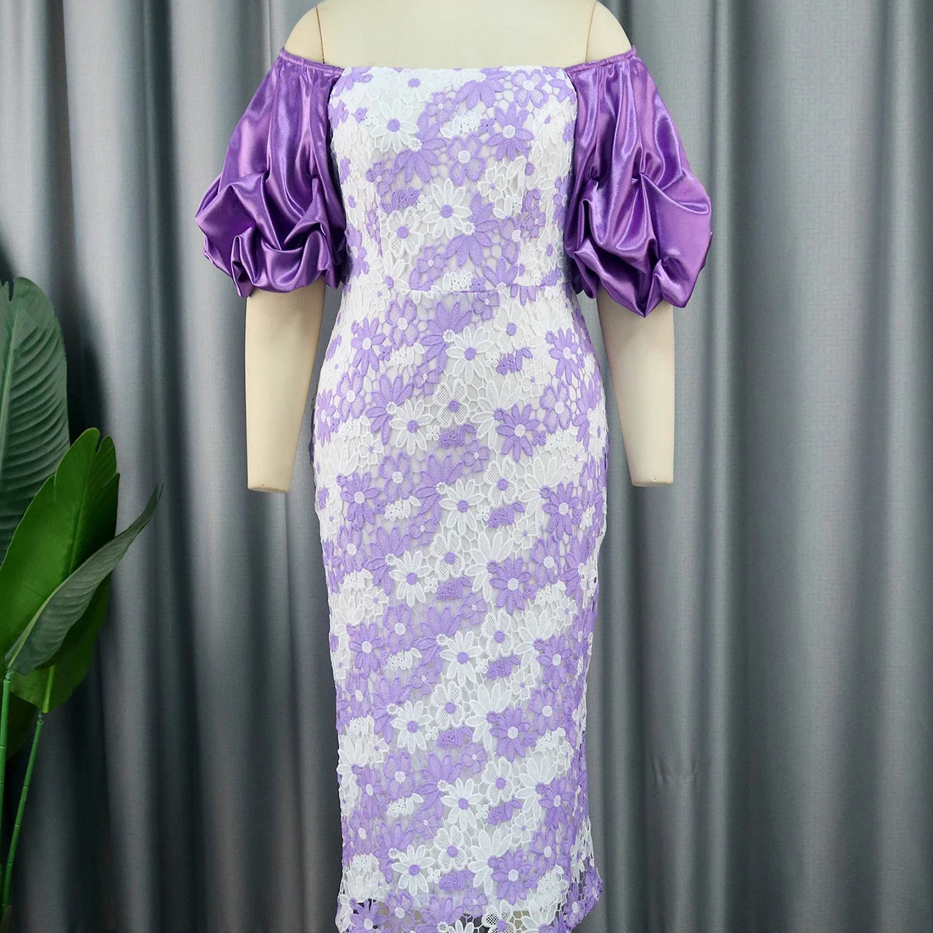 Women Bodycon White Purple Lace Dress Off Shoulder Puff Sleeves Event Birthday Wedding Guest Occasion Gowns African Plus Size
