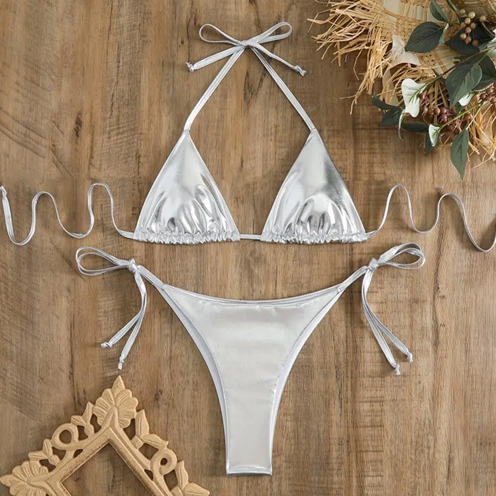 Bikini Women Swimsuit New Gold Halter Lace Up Bikinis Set Sexy Swimwear Beach Cover Up 2 Piece Beach Bathing Suit Female