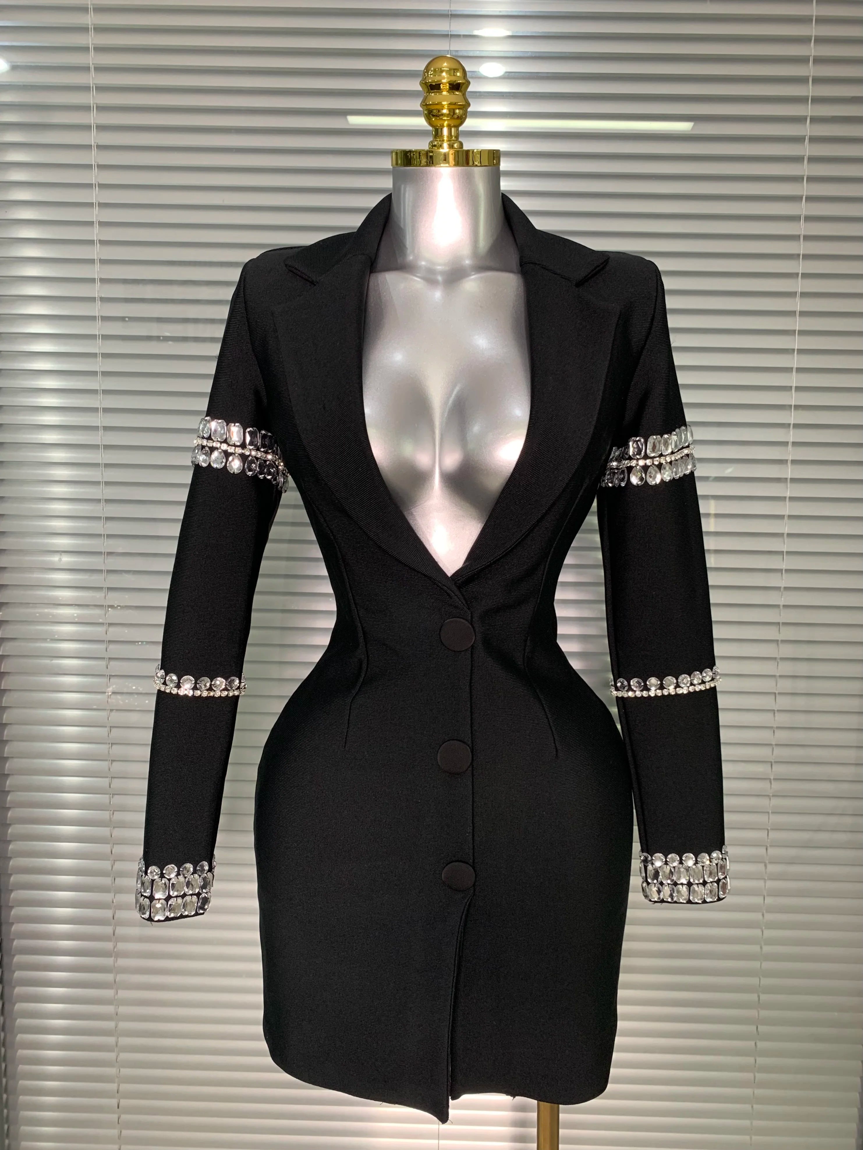 Brand New 2025 Women Sexy Deep V Neck Long Sleeve Beaded Blazer Bandage Dress Elegant Evening High Street Party Dress