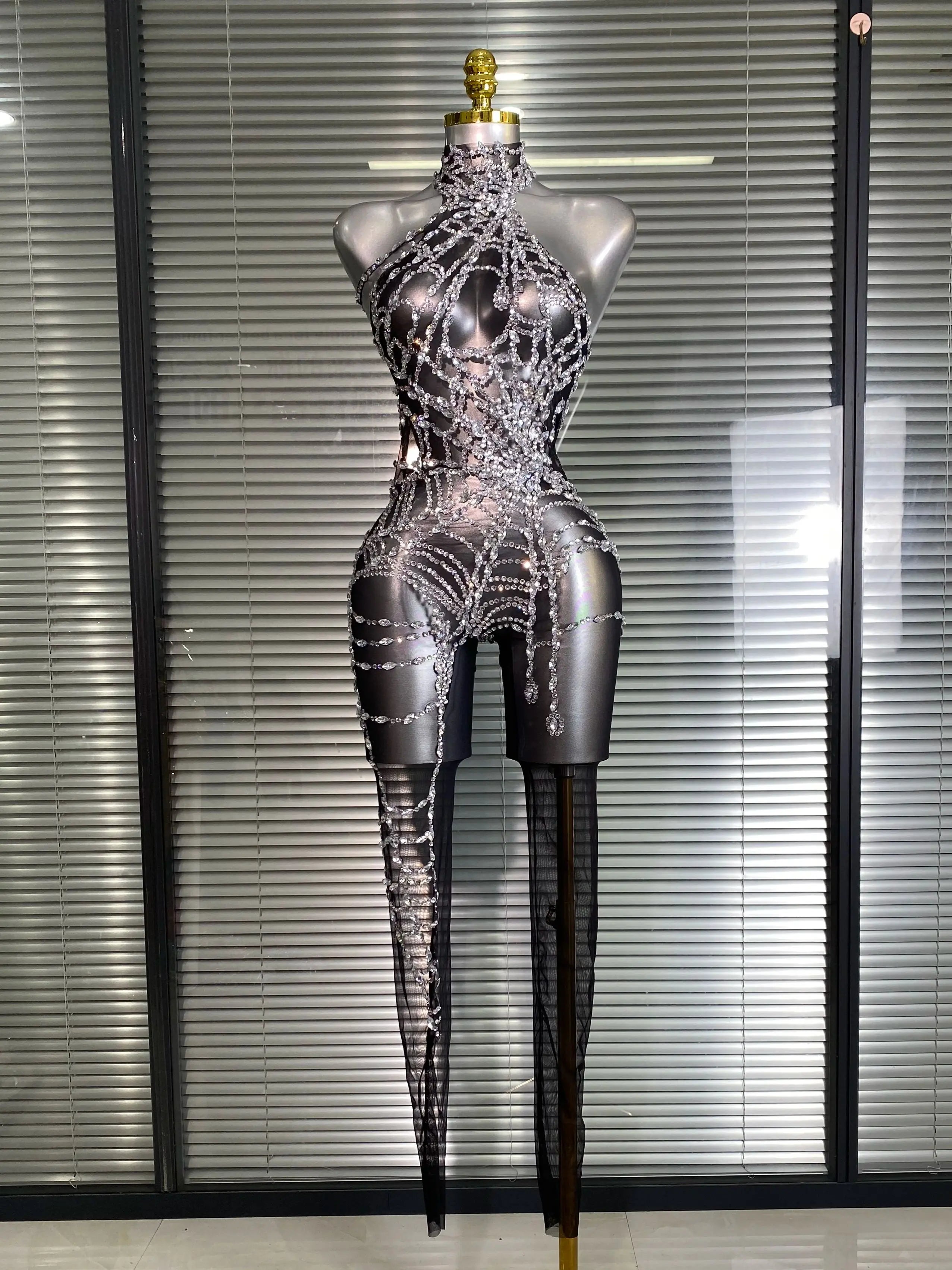 Women Sexy Black Nude Crystal Jumpsuit Celebrity Designer Stretchy Mesh See Through Singer Dancer Stage Night Club Rompers