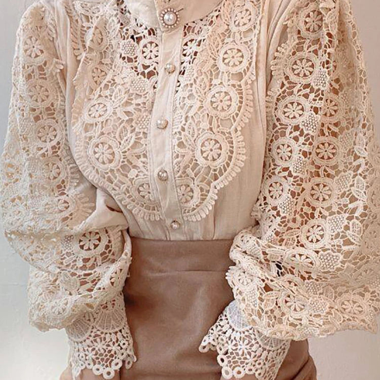 Women Chiffon Button Turtleneck Shirt Chic Elegant Floral Lace Fluffy Long Sleeve Top Fashion Hollow Oversize White Blouse 2025