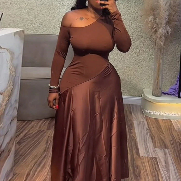 CM.YAYA Women One Shoulder Full Sleeve Maxi Long Dress 2025 Summer Patchwork Vintage Birthday Sexy Club Party Evening Dresses