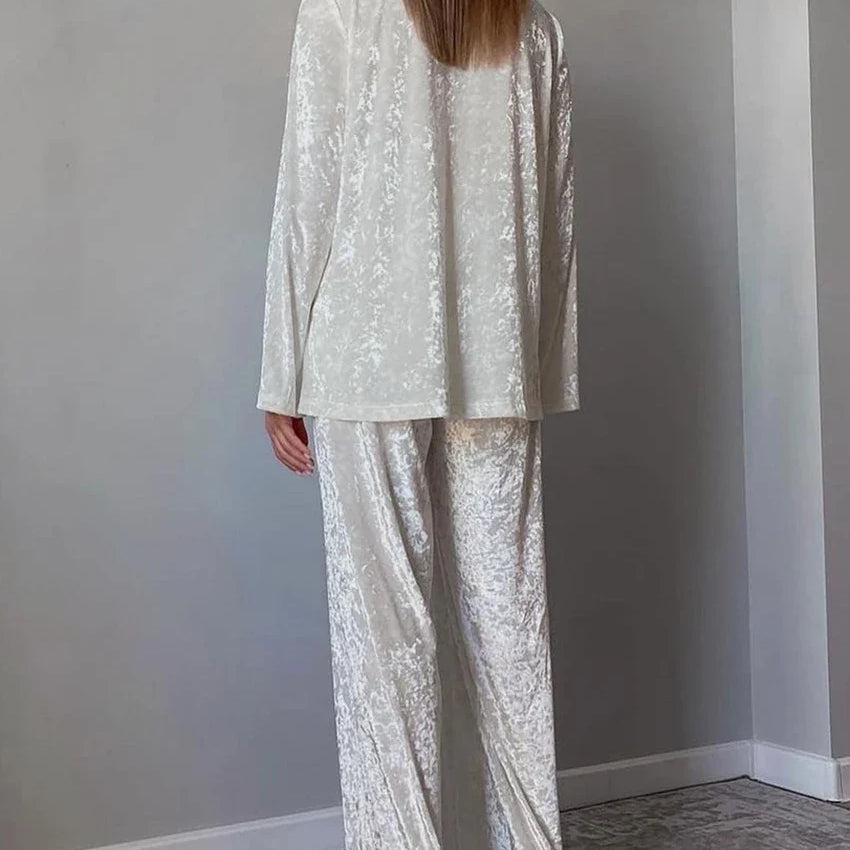 Clacive Winter Loose Home Suits Fashion White Velvet Pants Set Elegant Lapel Long Sleeve Blouses Two Piece Sets Womens Outifits