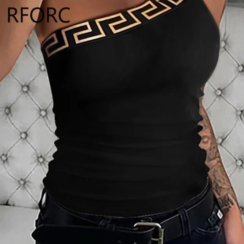 Women One Shoulder Geometric Pattern Sleeveless Sexy Skinny Camis Crop Tops