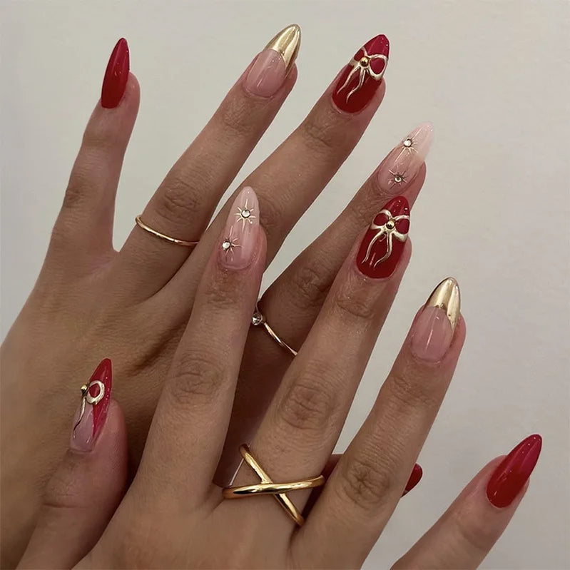 24Pcs Dark Red Almond False Nails with 3D Metal Bow Designs Nail Art French Love Cherry Nails Full Cover Press on Nails Hot Girl