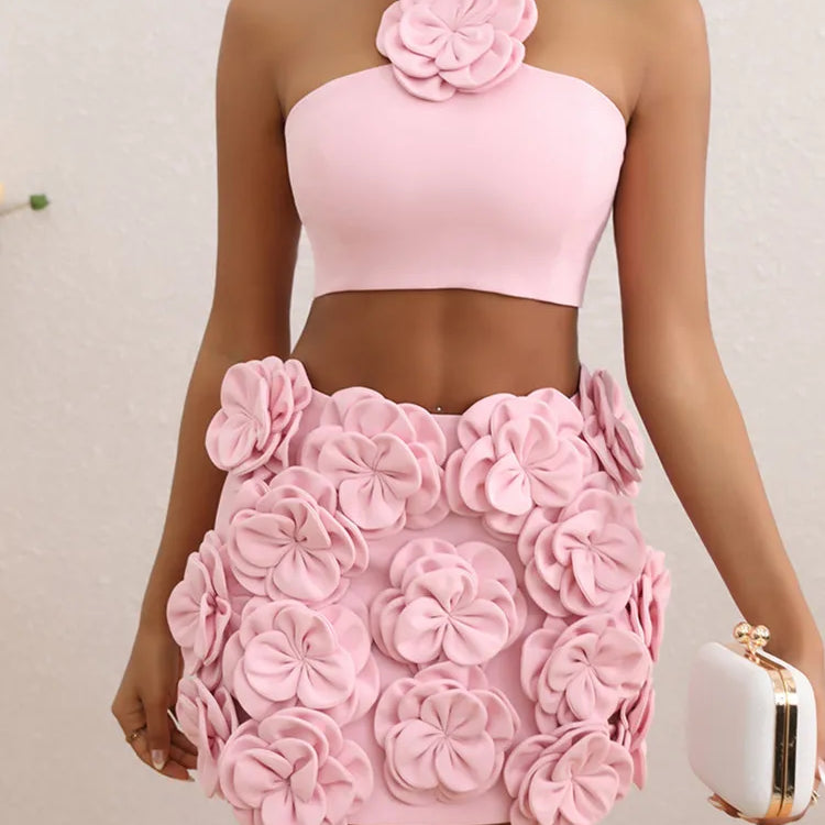 Women Celebrity Sexy Tank Flower Backless Pink Mini Summer Skirt Set 2024 Elegant Evening Club Party Outfits