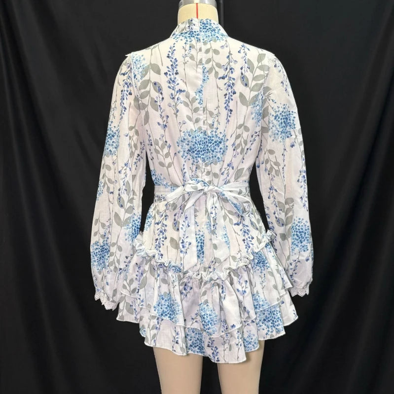 TWOTWINSTYLE Hit Color Spliced Printing Elegant Dresses for Women High Waist Long Sleeves Patchwork Ruffles Folds Dress Female