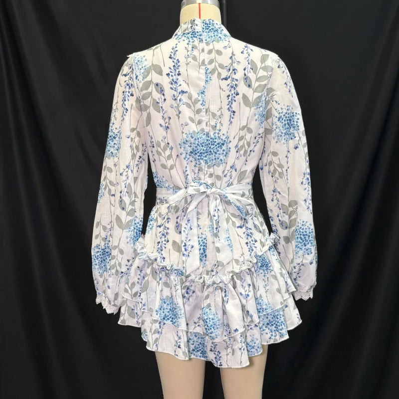 TWOTWINSTYLE Hit Color Spliced Printing Elegant Dresses for Women High Waist Long Sleeves Patchwork Ruffles Folds Dress Female