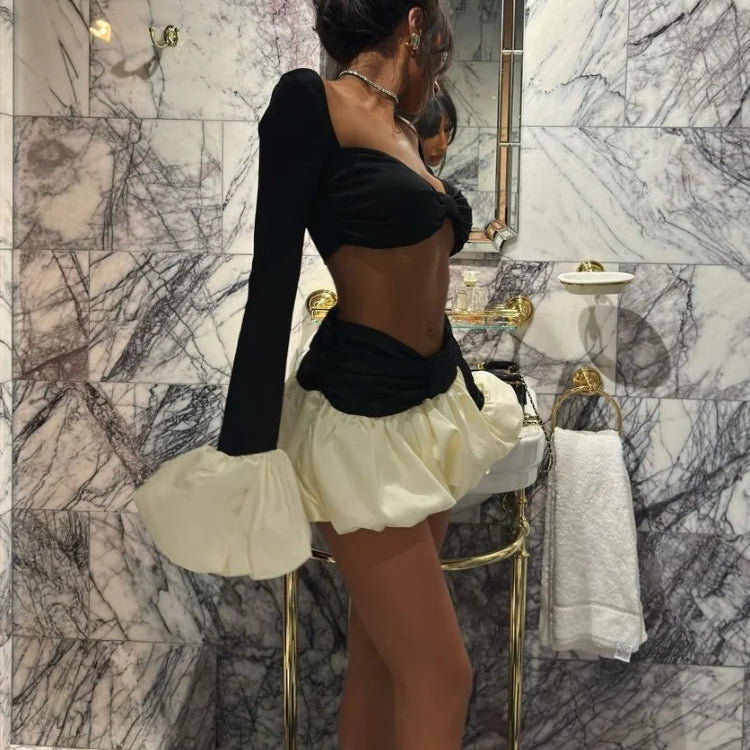 Sexy Contrasting Cropped Chest Wrapped Top Suit White Pleated Hem Short Bud Skirts Sets Elegant Lady Party Club Women's Clothes