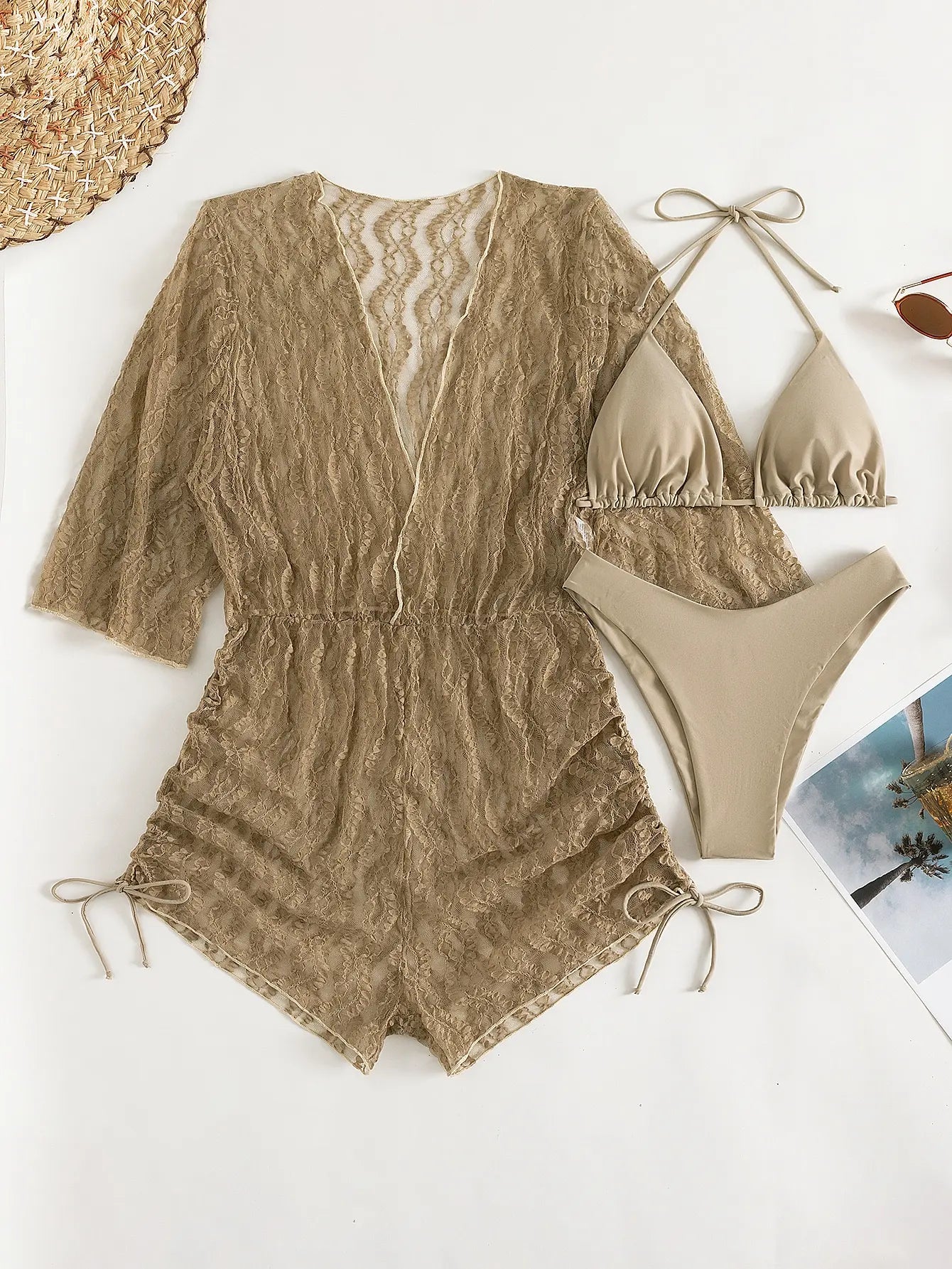 3 Pieces Bikini Tropical Print Swimsuit Halter Drawstring Side Swimwear Women 2023 Bathing Suit Female Swimming Summer Beachwear Xing