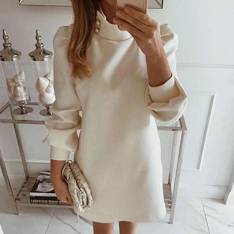 Office Lady Dress Elegant Button Turtleneck Autumn Winter Dress Women New Fashion Sequins Long Sleeve A-Line Party Dress Vestido 05 White