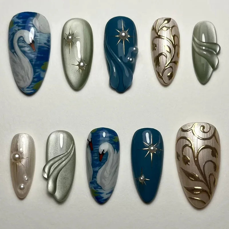 24pcs Dark Blue Press on Nails Starnight Swan Print Sweet Cool False Nails for Girl Wearable Reusable Almond Fake Nail Tips