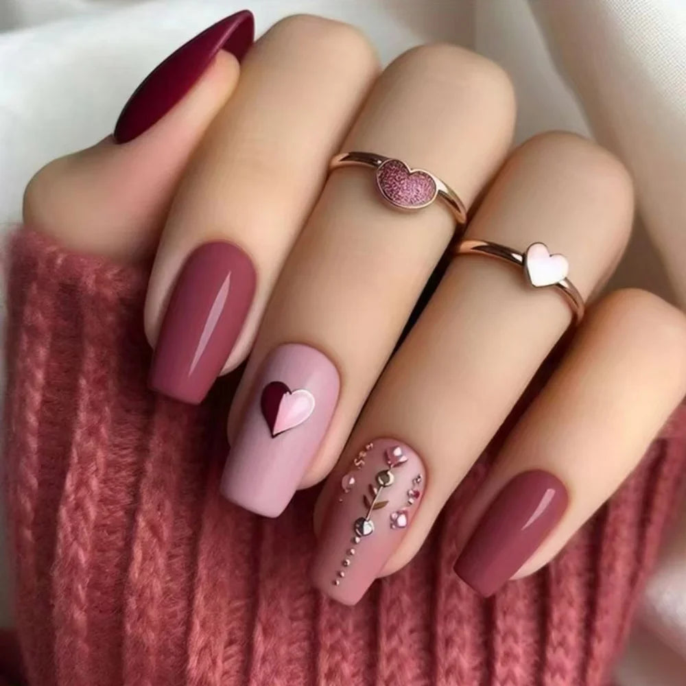24pcs Flower Full Cover Nail with Pearl Design Mid-length Ballet False Nails Press on Square Fake Nail Tip Wearable Manicure Set