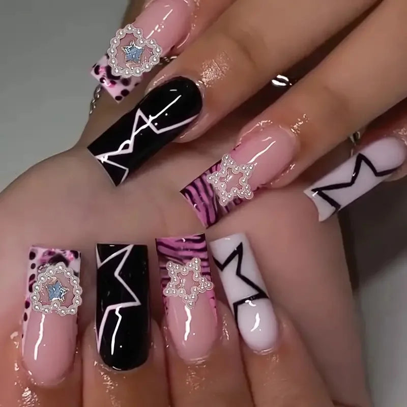 24Pcs Extra Long Square Press on False Nails with Butterfly Design Flowers Bow Pink Full Cover Nails Wearable Fake Nail Manicure