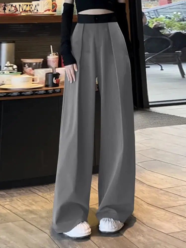 Women Pleating Pantalons Korean High Waist Pants Vintage Wide Leg Long Trouser Casual Loose Colorblock Streetwear Pants