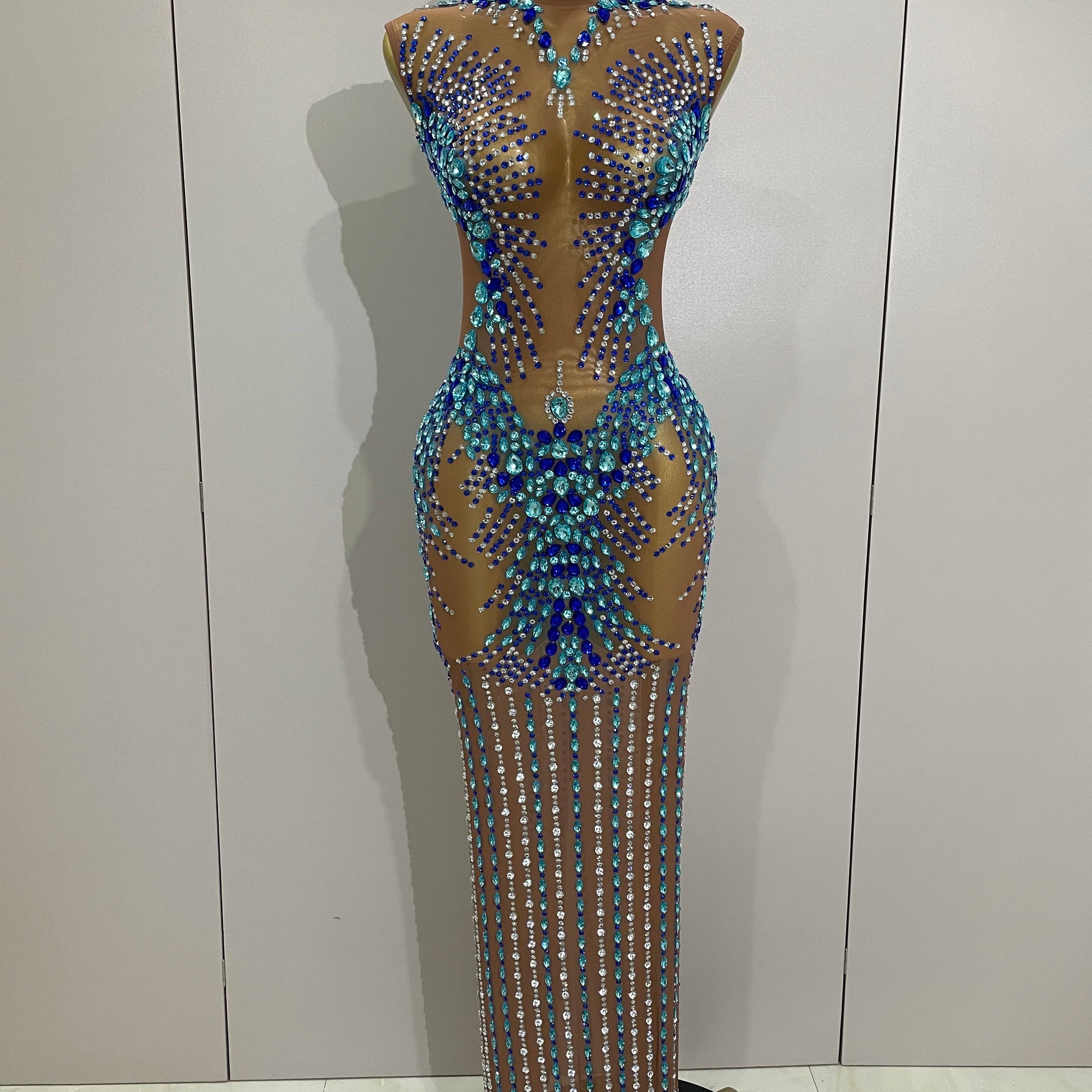 Luxury Sparkly Rhinestones Nude Sexy Mesh Maxi Dress 2025Women Evening Birthday Party Elegant Gown Show Red carpet Stage Costume