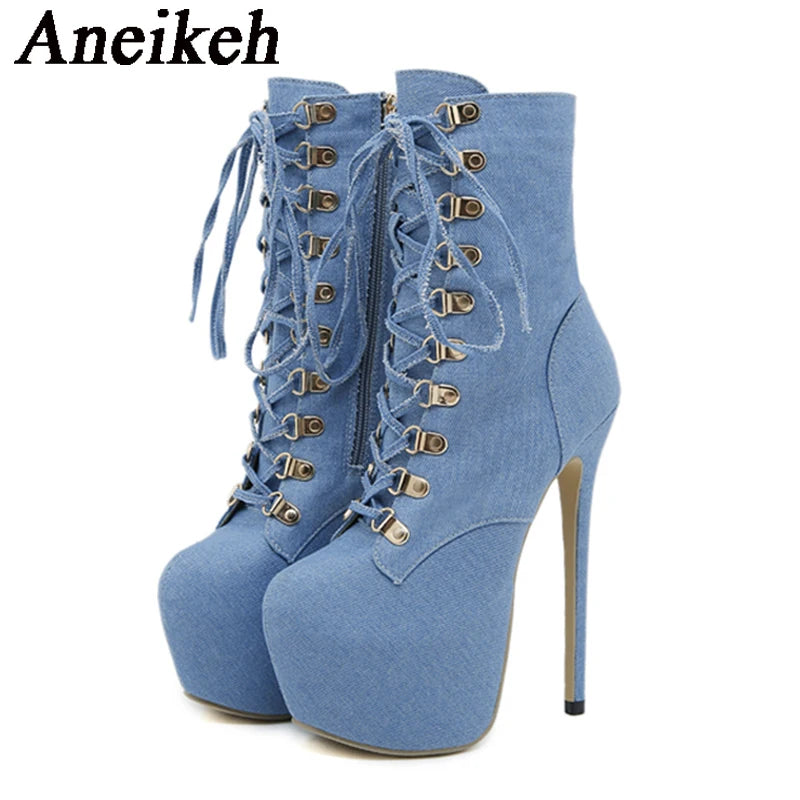 Fashion Blue Denim Classic Lace Up Platform Ankle Boots Platform Heels 16cm Super High Modern Boots Party shoes