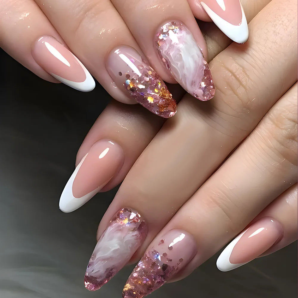 24pcs/set short medium fake nails square ballet tips new year red gradient colors with glitters faux ongles press on false nail
